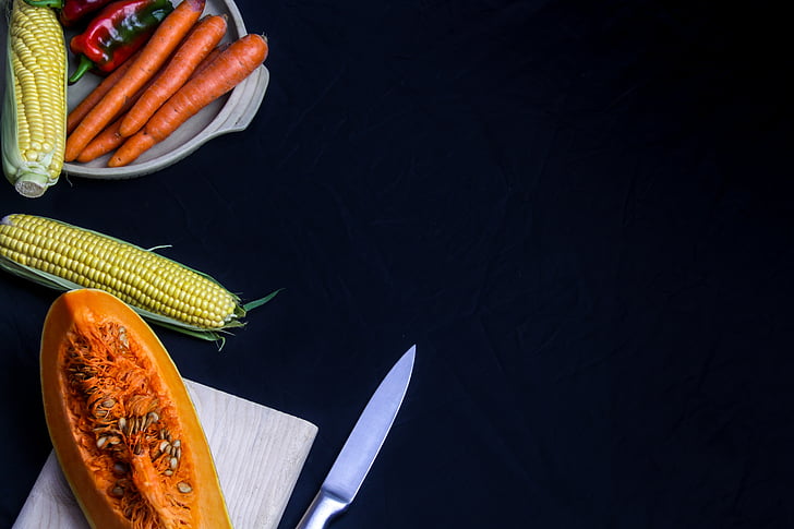 corn, squash, carrot, pepper, chopping, board, knife