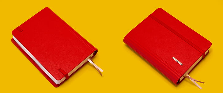 Notebook, punainen, keltainen tausta, liiketoiminnan