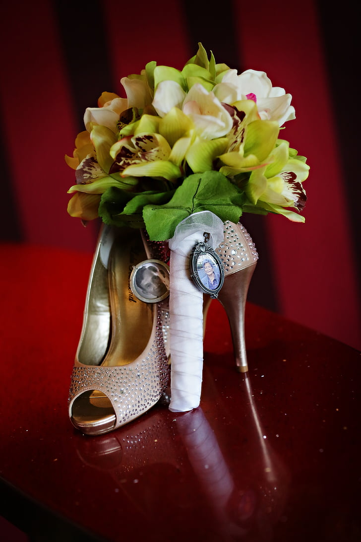 wedding, bouquet, shoes, heels, broach, celebration, marriage