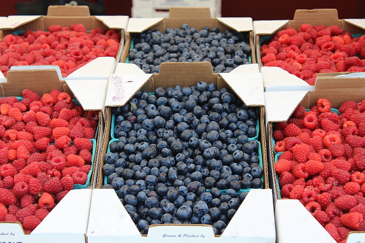 Raspberry, Blueberry, Berry, segar, buah, sehat, matang