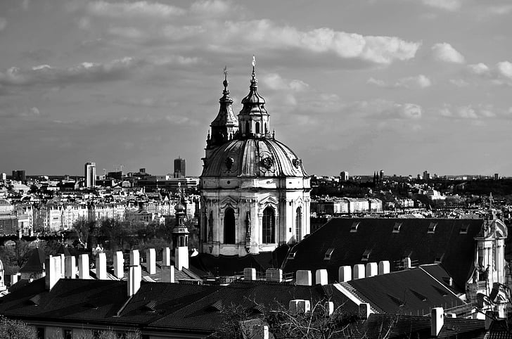 місто, вежа, старі будівлі, Прага, Церква, чорно-біла, Архітектура