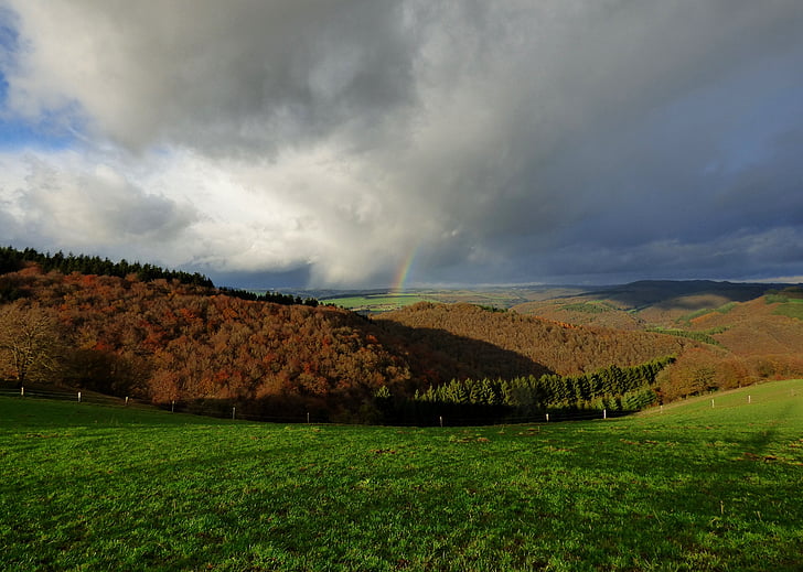 rainbow, storm, threatening sky, hills, landscape, luxembourg