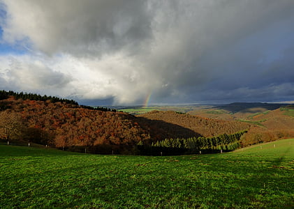 arcobaleno, tempesta, minacciando il cielo, colline, paesaggio, Lussemburgo
