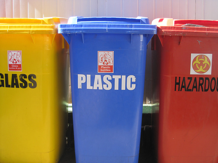 recycling bins, 3 refuse bins, yellow, blue, red, primary colors, bright