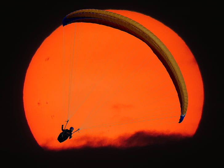 fly, paragliding, paraglider, sun, sunset, assembly, orange