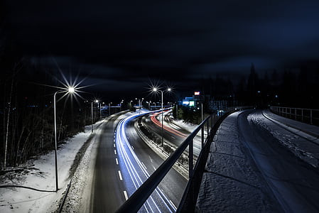 шоссе, цвета, ночь, Освещенная, Зима, скорость, дорога