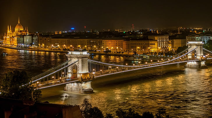 bridge, buildings, city, lights, night, river, suspension bridge