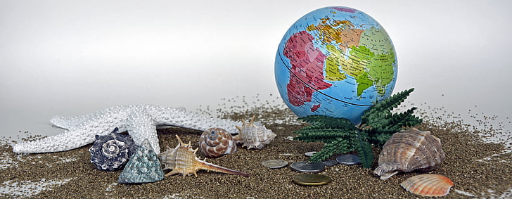 globe, travel, holiday, sand, starfish, mussels, coins