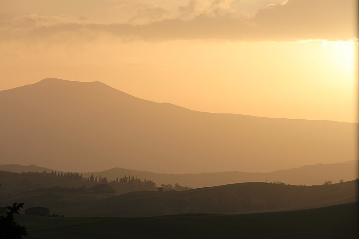 solnedgang, Toscana, Italia, himmelen, Horizon, skumring, landskapet
