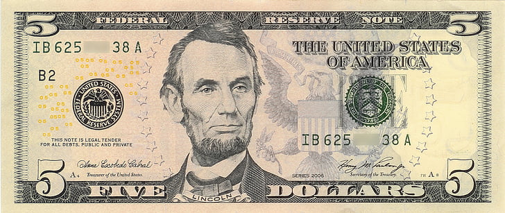 dollari, seteli, Abraham lincoln, 16 presidentti Yhdysvallat, toukokuu 5 dollaria, kaupan, rahaa