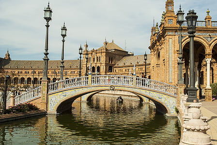 Plaza espana, Sewilla, Andaluzja, Most, Hiszpania, Jezioro, Łódź