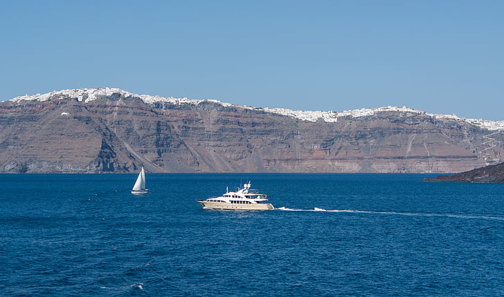 santorini, greece, mountains, cliffs, sky, water, boats