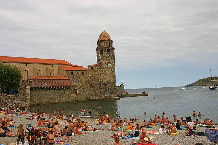 collioure, beach, bell tower, europe, sea, people, architecture
