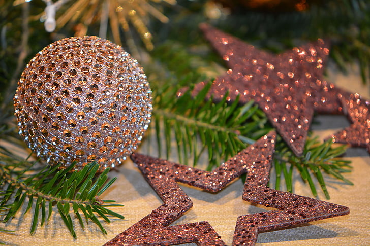 balls, blur, brown, celebration, christmas balls, christmas tree, close-up