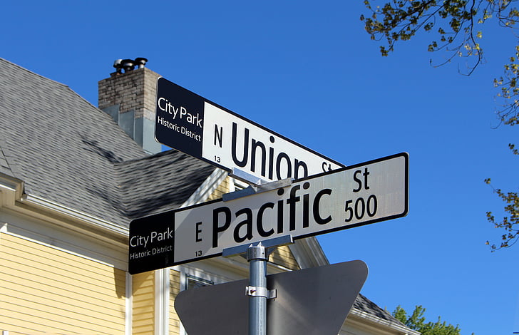 union, pacific, street, signs, historic, district, city park