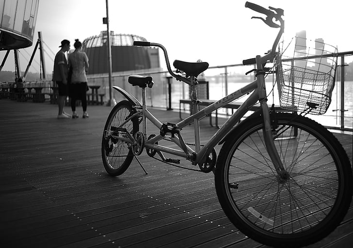 fiets, fiets, zwart-wit, Pier, aan zee, vervoer, zwart-wit