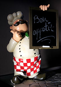 cooking, chef, chef's hat, board, chalk, man, statue