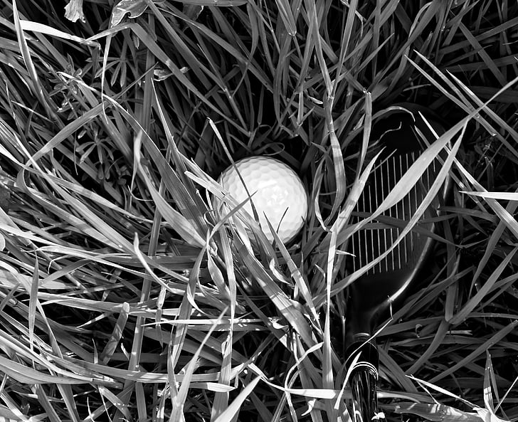 golf, golf ball, rough, grass, black and white, ball, sport