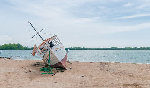 boat, beached, wreck, water, sand, seascape, land
