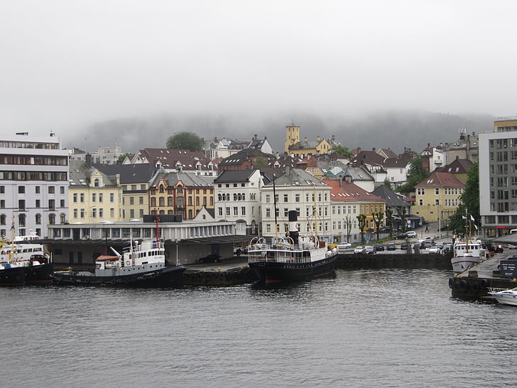 Норвежки, зимни, мъгла, град, порт, пристанище