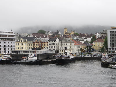 Νορβηγικά, Χειμώνας, ομίχλη, πόλη, λιμάνι, λιμάνι
