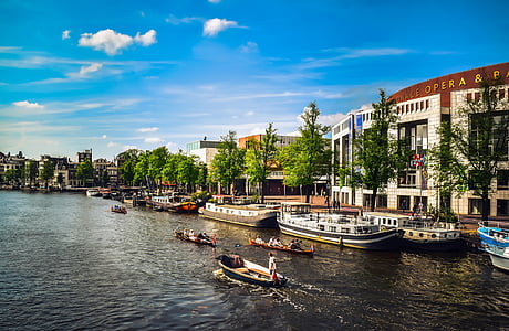 Амстердам, Нидерланды, корабли, лодки, канал, воды, небо
