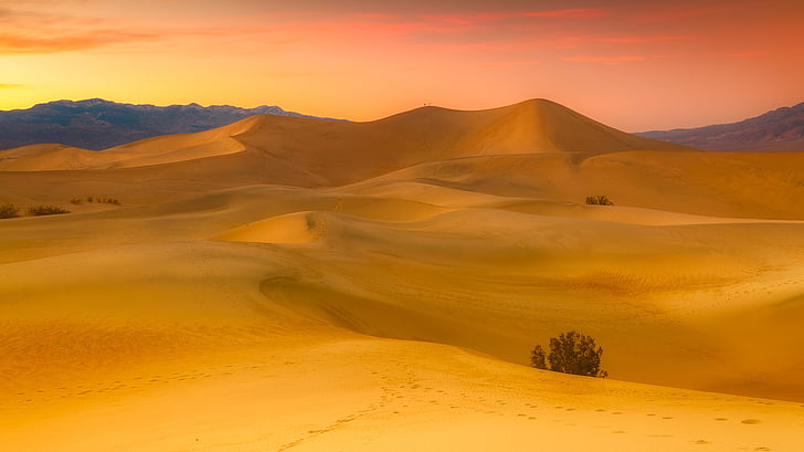 Califòrnia, desert de, sorra, dunes, turons, muntanyes, posta de sol