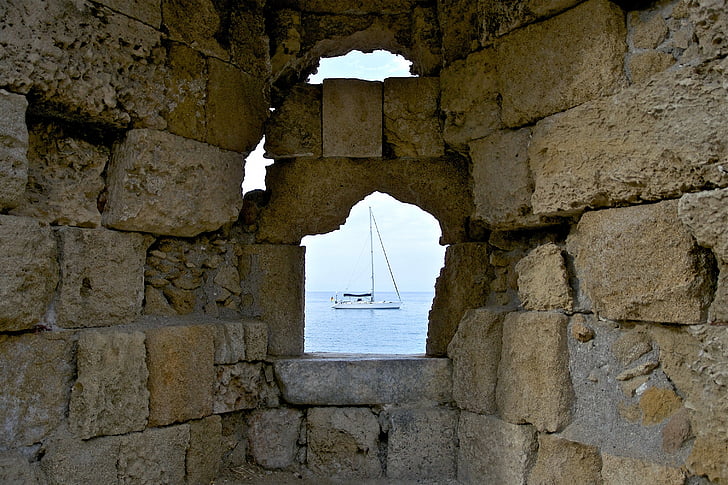 greece, wall, stone, opening, sea, ocean, water