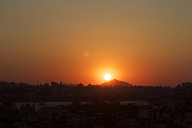 zachód słońca, Seoul, blask, rzeki Han, krajobraz, korea Południowa, dekoracje