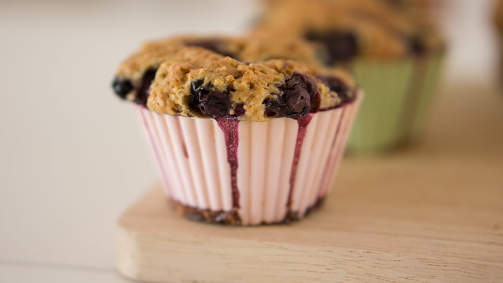 Blueberry muffins, yakın çekim, pişirme, Top kek, tatlı, Gıda, Makro