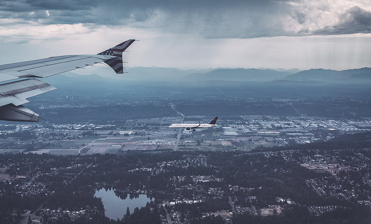 aerolínia, avió, avió, en l'aire, veure, paisatge, vol