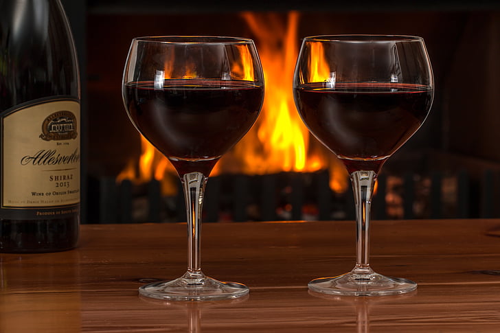 red wine, glasses, log fire, red, wine, alcohol, drink