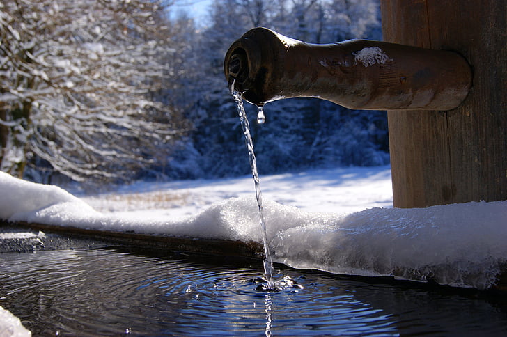 фонтан, източник, вода, дърво, сняг, зимни, дървета