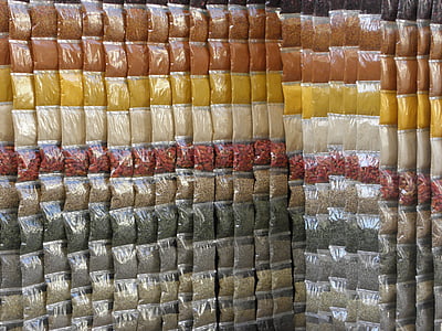 especias, Egipto, colores, mercado, pequeñas bolsas de, bolsas de plástico