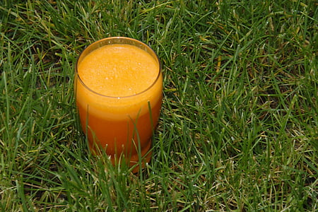 carrot juice, glass, cup, outside, deck, wood, health
