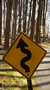 sign, street, yellow, curvy, curved, road, warning