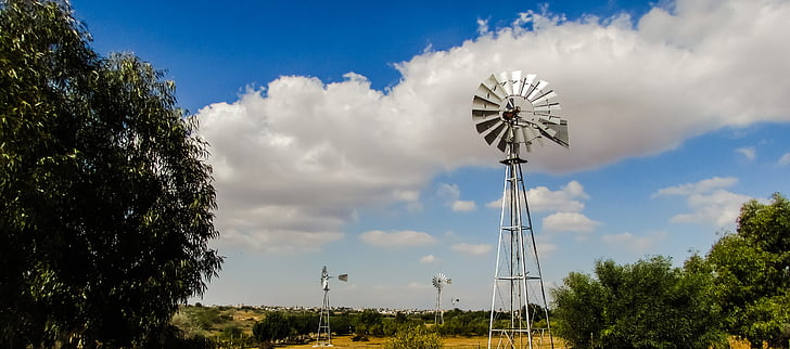 windmill, wheel, landscape, rural, countryside, clouds, sky