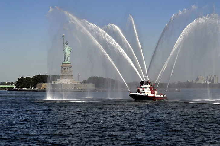 fire boat, new york harbor, fdny, statue of liberty, landmark, island, water