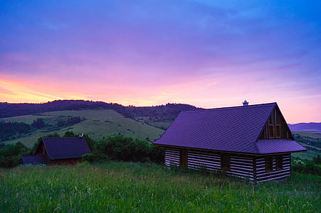 nature, sunset, sunrise, countryside, house, cottage, cabin