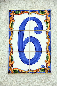 seis, número, número de casa, azul, azulejo de, pagar, decoración