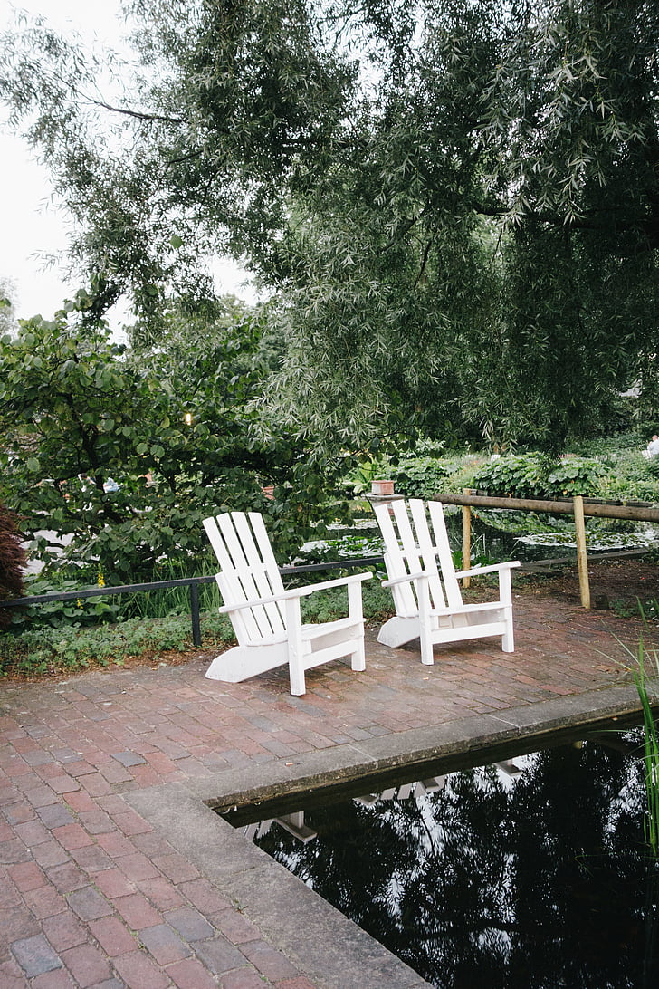 two, white, wooden, adirondack, chairs, near, grass
