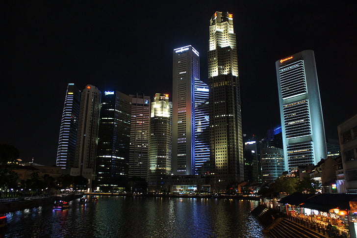 Singapore, Skyline, architettura, Asia, notte, moderno, costruzione
