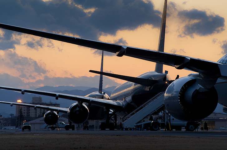 zrakoplova, komercijalni, parkiran, let-linije, mlaznice, Zrakoplovstvo, Zračna luka