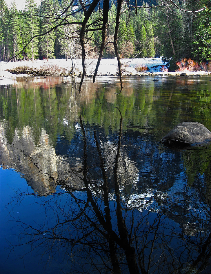 Yosemite, Sungai, permukaan Sungai, air, refleksi, cermin, terbalik