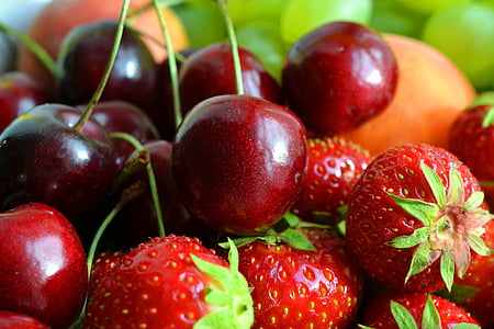 fruit, fruits, fruit basket, cherries, strawberries, peach, grapes