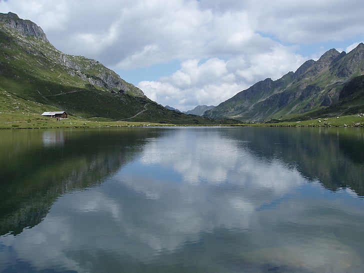 bergsee, atspoguļojot, kalni, gluda, kā stikla, kalns, pārdomas, ezers