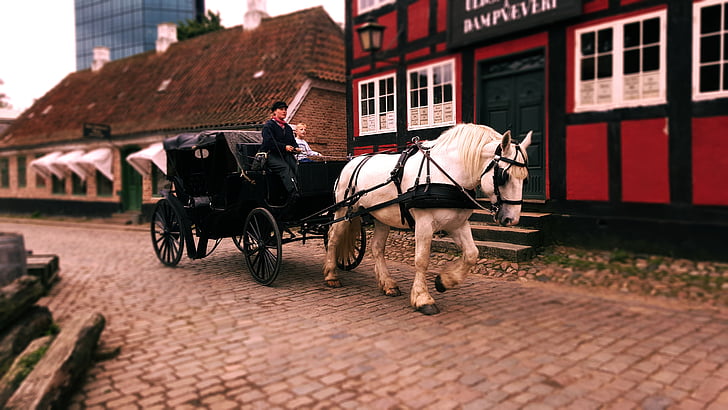 transporte, caballo carridge, casco antiguo, Dinamarca, hermosa, Casa, antiguo