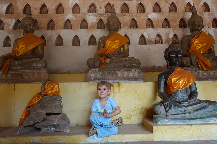 Bouddha, Wat, enfant, méditation, jeune fille, assis, calme