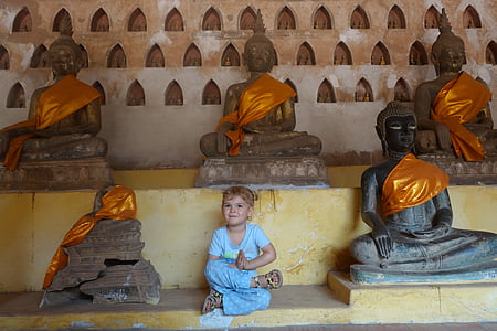 Buda, wat, nen, meditació, noia, assegut, calma