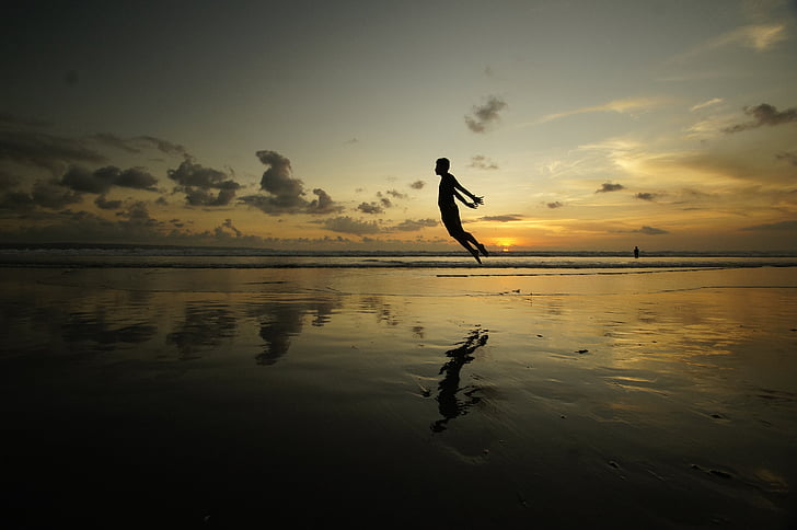 mann, hopping, kysten, gylden, Hur, vann, refleksjon